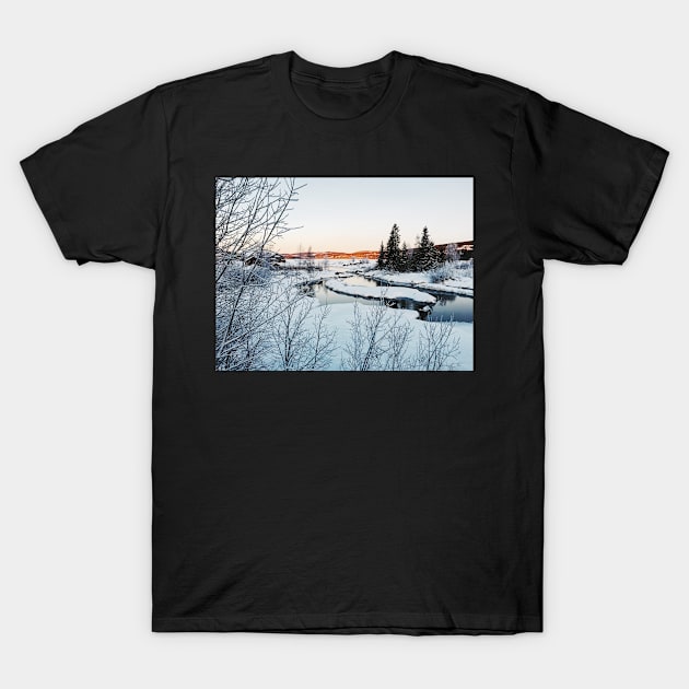 Winter in Norway - Beautiful White River Landscape in Early Morning T-Shirt by visualspectrum